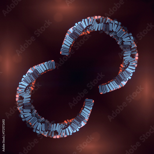 Metal rectangles assembled into symmetrical half rings on dark background with soft orange light and silver elements. Modern futuristic style. 3d rendering digital illustration
