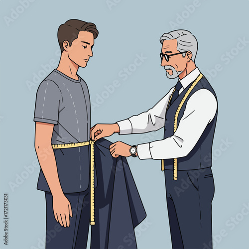 A tailor taking measurements of a client with a measuring tape on blue background