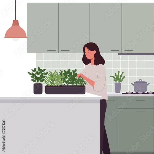 Woman tends herbs in kitchen; lamp, cabinets, tile, stove, and pot present