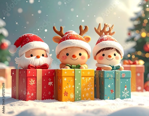 Cute Christmas characters peeking from presents