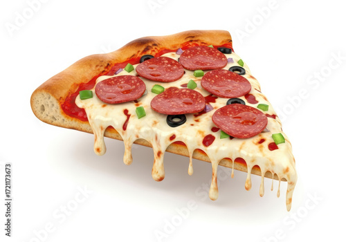 Melting cheese pizza slice with pepperoni, olive and green pepper topping, gooey cheese pull and crisp golden crust evoking savory appetite and indulgent comfort