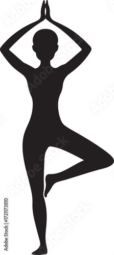 Black Silhouette of Woman in Tree Pose Yoga Position