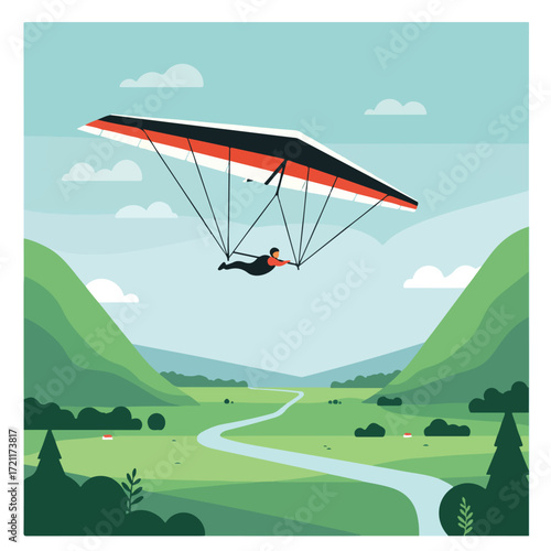 Hang glider soars over a river valley on a bright day in this flat illustration