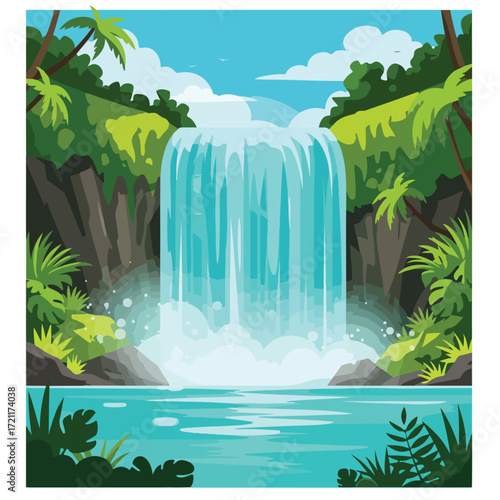 Tropical waterfall cascades into turquoise lake surrounded by lush rainforest