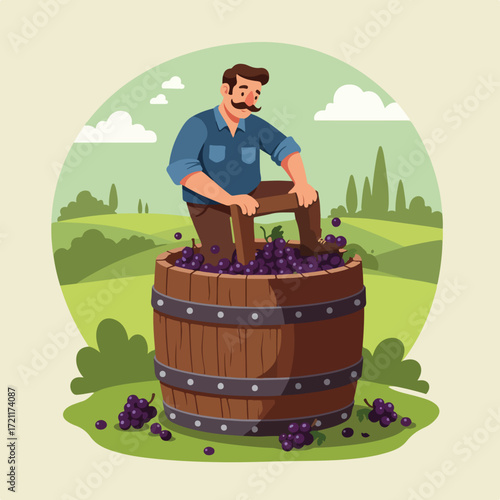 Man crushes grapes in a wooden barrel in a vineyard scene