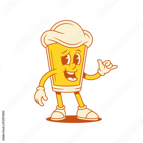 Funny beer glass cartoon character surf chill gesture vector flat illustration. Comic mascot male foamy alcohol beverage relaxing smiling having fun with positive emotion