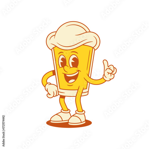 Cute beer glass cartoon character with idea gesture vector flat illustration. Comic funny smiling malt foamy alcohol beverage mascot with forefinger point gesturing happy positive emotion sticker