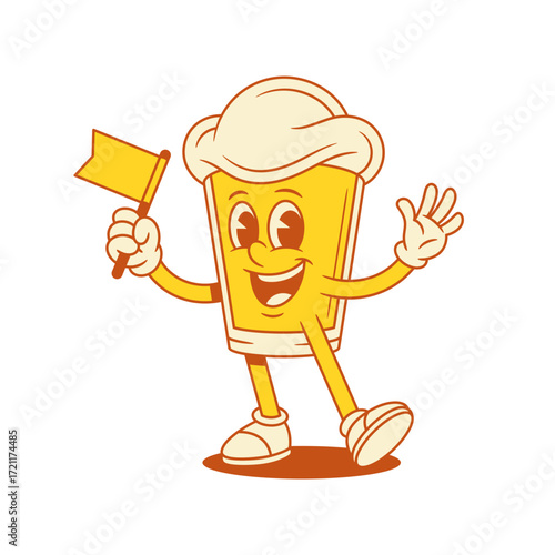 Happy beer glass cartoon character with yellow flag vector flat illustration. Smiling malt foamy alcohol beverage mascot waving hand rejoice with positive emotion