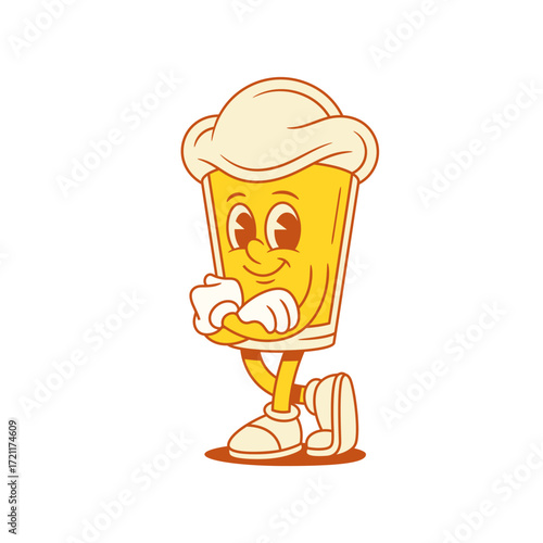 Funny beer glass cartoon character with crossed hands vector flat illustration. Comic happy malt foamy alcohol beverage mascot standing smiling with positive emotion