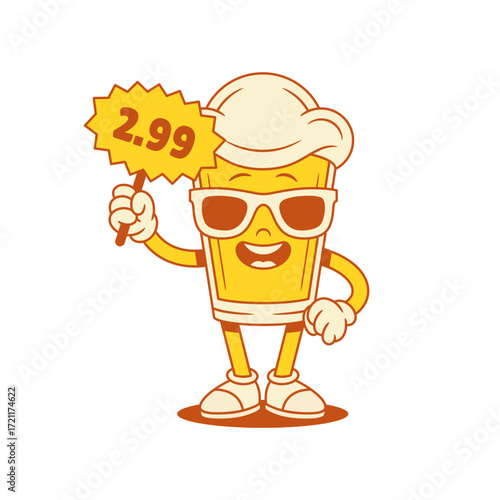 Cool beer glass cartoon character with fixing price signboard vector flat illustration. Comic malt foamy alcohol beverage mascot in sunglasses summer shopping sale discount sign