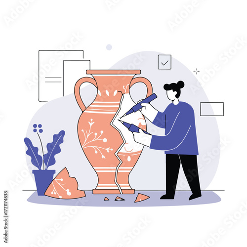 Person mending an old vase with two pens, surrounded by leaves and documents
