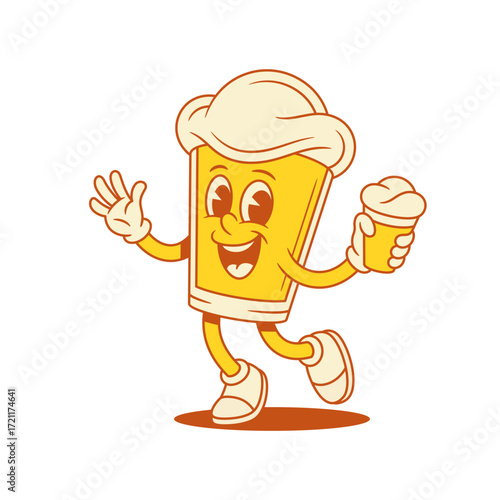 Cute smiling beer glass cartoon character with ice cream vector flat illustration. Happy adorable malt foamy alcohol beverage mascot dancing with summer sweet dessert positive emotion