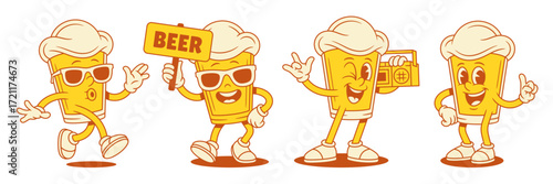 Cool funky beer glass cartoon character emoticon set vector flat illustration. Comic smiling malt foamy alcohol beverage mascot in sunglasses with signboard music player walking greeting positive