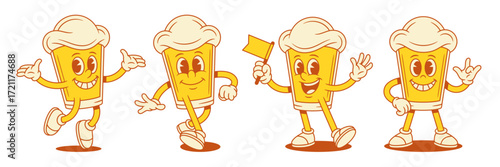 Positive beer glass cartoon character with legs and hands set vector flat illustration. Cute funny comic malt foamy alcohol beverage mascot walking smiling with flag jumping happy greeting