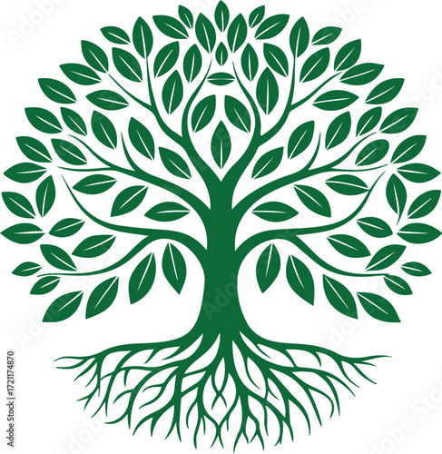 Green Tree of Life with Intricate Roots and Leaves