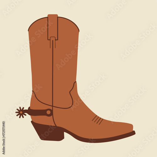 Single tan cowboy boot, side view, with spur against a beige background