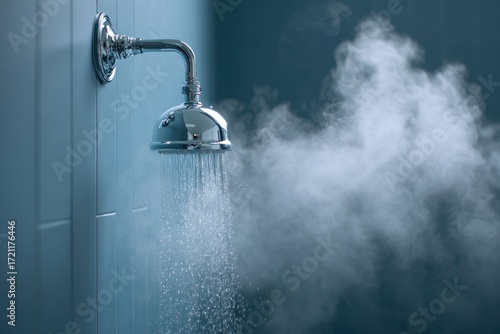 A wall-mounted shower head sprays water, creating steam