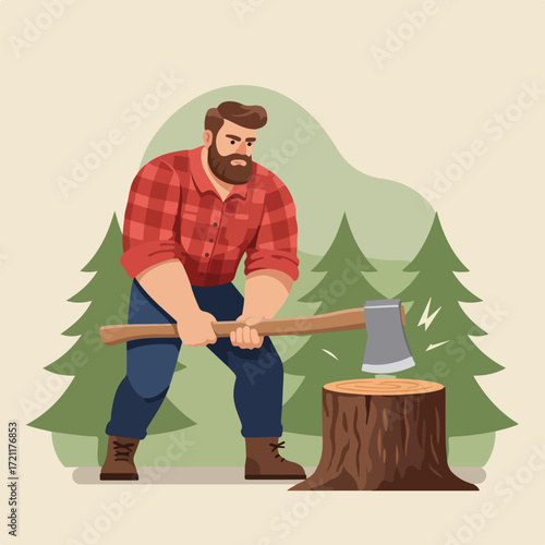 Cartoon of bearded man chopping wood with axe in a forest setting