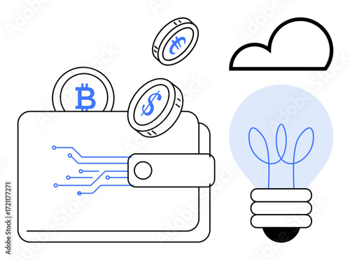 Wallet with circuit lines, cryptocurrency coins, cloud, and bulb with sprouting plant. Ideal for digital finance, cryptocurrency, fintech, innovation, sustainable business blockchain simple flat