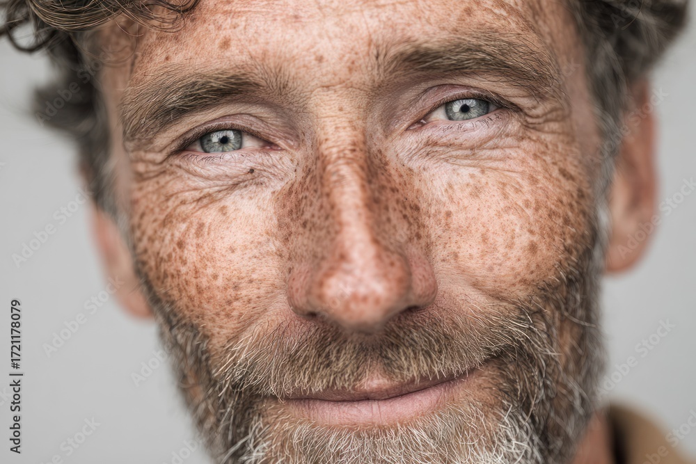 Fototapeta premium a closeup portrait of a smiling, freckled man looking at the camera with a rugged beard and soft expression, natural light highlighting his skin texture and blue eyes, suitable for lifestyle, skincare