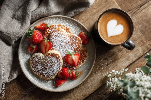 Wallpaper Mural pancake hearts dusted with sugar on a plate with strawberries beside a latte with heart art on a rustic wooden table in a cozy breakfast scene for family mornings, cafe menus, or lifestyle branding Torontodigital.ca