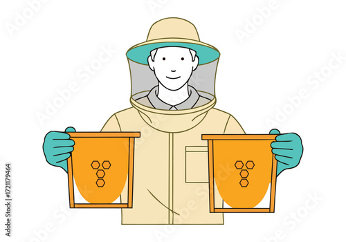 Beekeeper in protective gear holds honeycomb frames