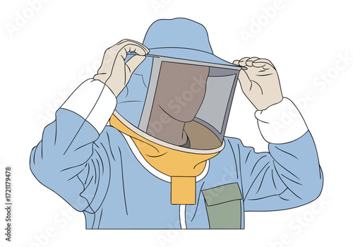 Person donning protective suit and helmet for hazardous material handling
