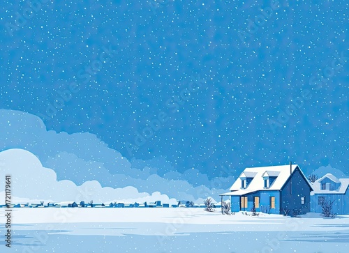 雪降る青空と家の冬景色｜Winter Landscape with House under Snowy Blue Sky