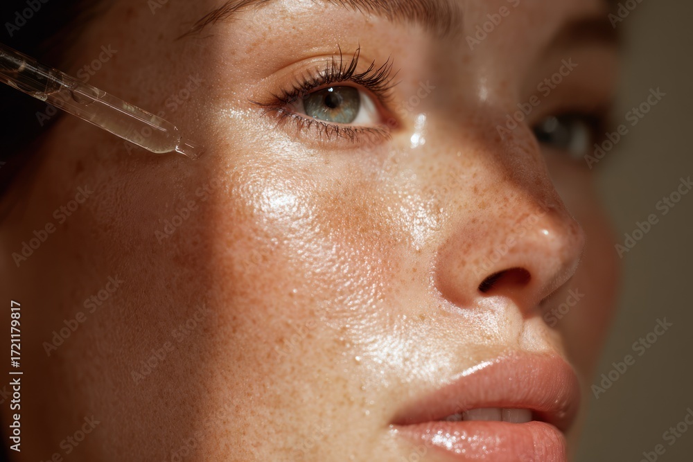 Obraz premium applying serum near eye on freckled skin, close-up portrait of a woman gazing away from camera in warm light, skincare and beauty scene for cosmetics brands, spa and wellness concepts