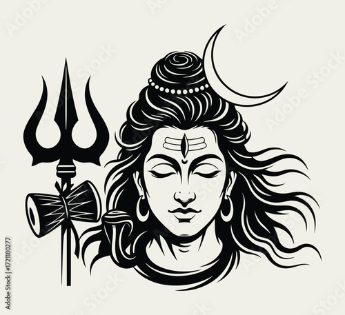 Lord shiva meditating with trishul, vector art
