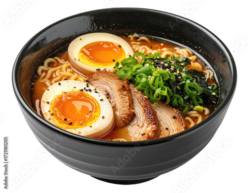 Bowl of ramen noodles with soft-boiled eggs, pork, and green onions
