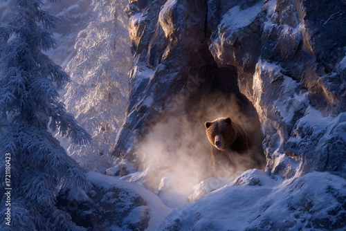 A large grizzly bear steps out of a frosty cave into a snow-covered alpine landscape lit by morning sun and misty air.
