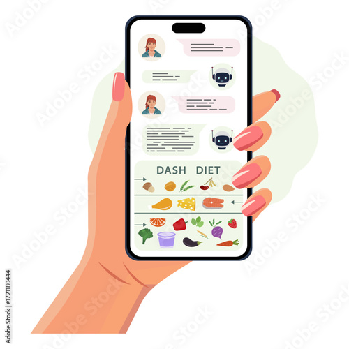 Hand holding smartphone showing dash diet chart and chat interface with nutrition details