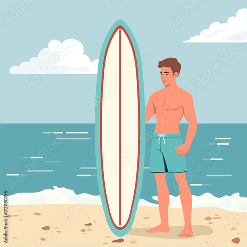 Man holding surfboard on beach with ocean in background under clear sky