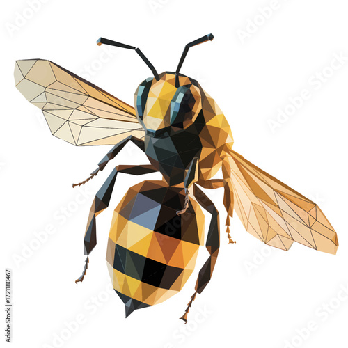 Unique low poly illustration of a bee with geometric shapes and vibrant colors flying in a sunny environment during springtime