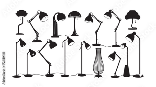 Shadows of lamps. A collection of lighting symbols and accessories for contemporary interiors featuring standing lamps in vibrant vector images. Black and white silhouettes, a versatile lamp for home 