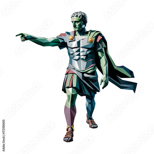 Sculpture of Julius Caesar in a dynamic pose showcasing confidence and authority in a modern art style