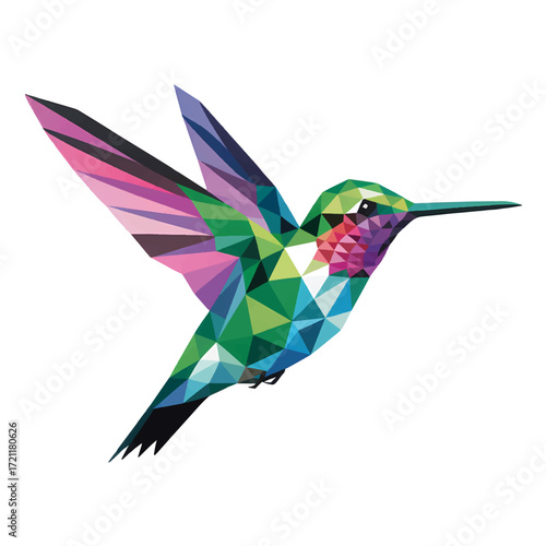 Colorful geometric design of a hummingbird in flight showcasing vibrant patterns and shapes