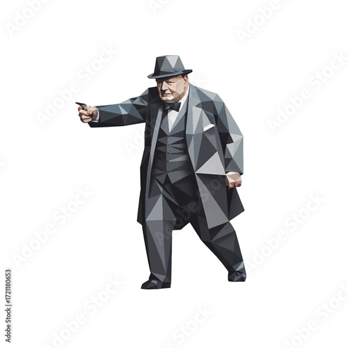 Winston Churchill depicted in a geometric art style, emphasizing leadership and determination