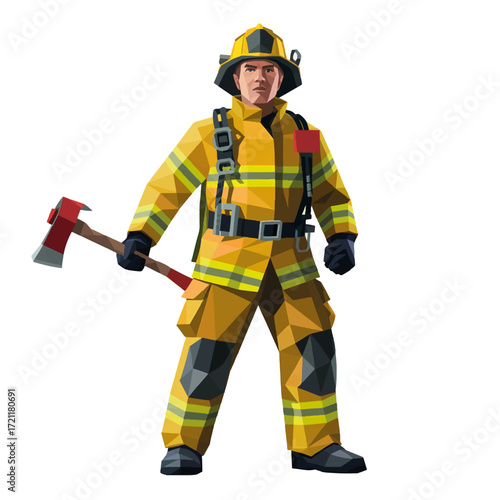 Firefighter in protective gear holding an axe ready for action during an emergency situation