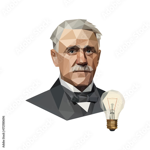 Famous inventor Thomas Edison stands confidently in a Victorian-style outfit while holding a light bulb in a studio setting