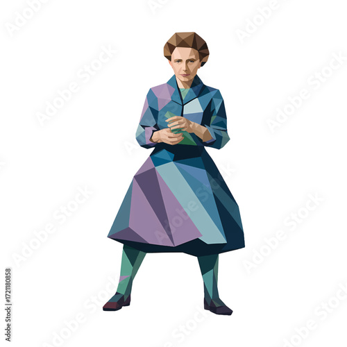 Unique geometric representation of Marie Curie holding a cup in a colorful dress