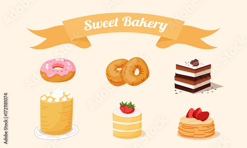 Sweet bakery set with donuts cakes and desserts illustration