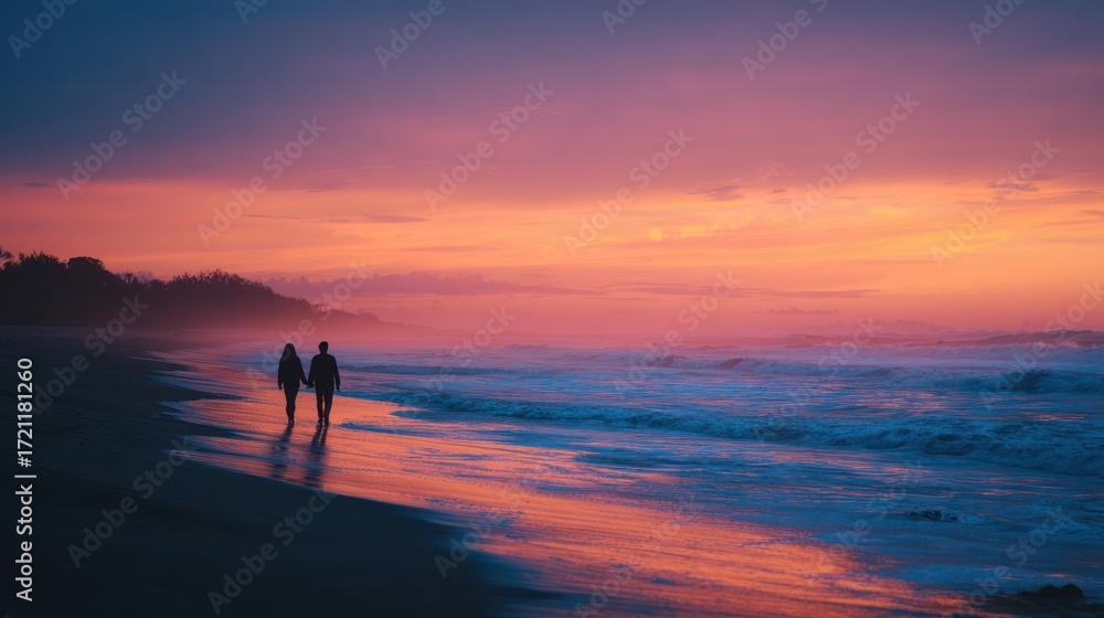 Obraz premium couple walking on beach at sunset, silhouettes holding hands along the shoreline at dusk, vibrant orange-pink sky, waves rolling in, calm romantic scene, suitable for travel, romance