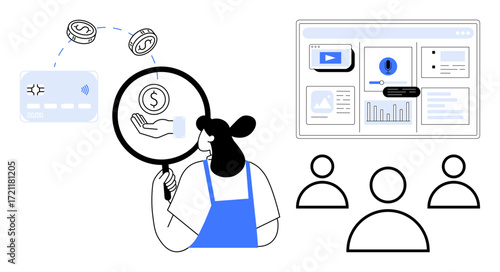 Woman examining money with magnifying glass, cash flow and dashboard visuals. Ideal for finance, analytics, business planning, user research, data visualization, audience targeting, digital