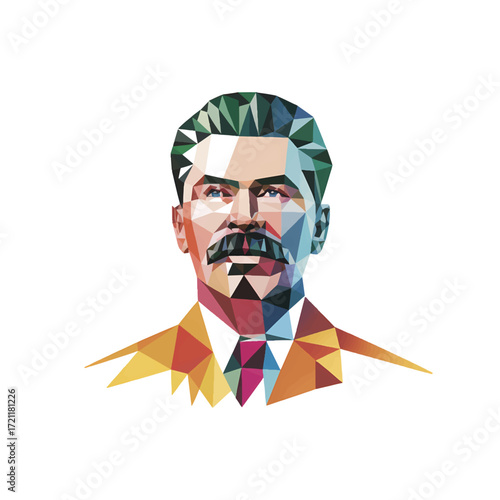 Colorful portrait of Josef Stalin in a dynamic pose with a geometric design