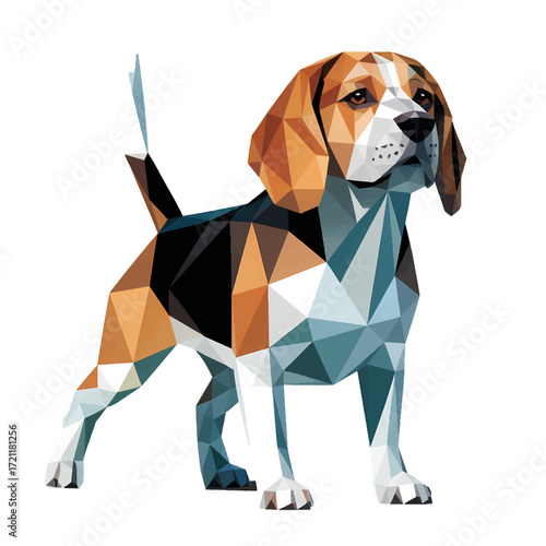 Beagle dog in colorful geometric art style standing proudly on a white background