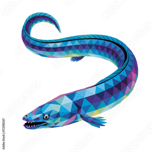Colorful geometric eel swimming in a blue underwater environment showcasing vibrant aquatic life