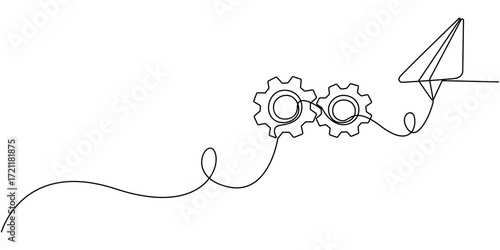 Gears with paper airplane one continuous editable line. Concept of learning, business, teamwork and traveling, Machinery cogwheels in simple linear style. Symbol of new idea business teamwork.