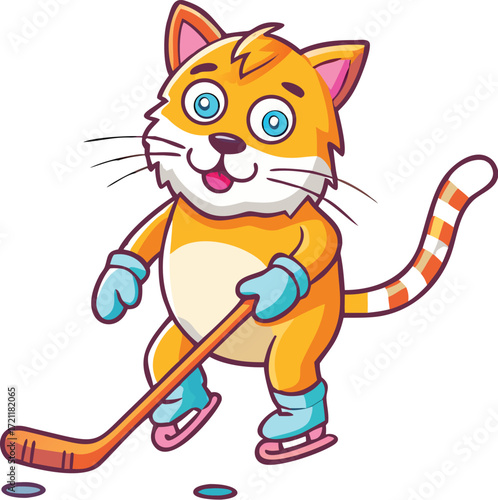 A funny, happy cartoon cat with a red ball smiles, its cute fur and tail vector illustration cheerful and full of fun
